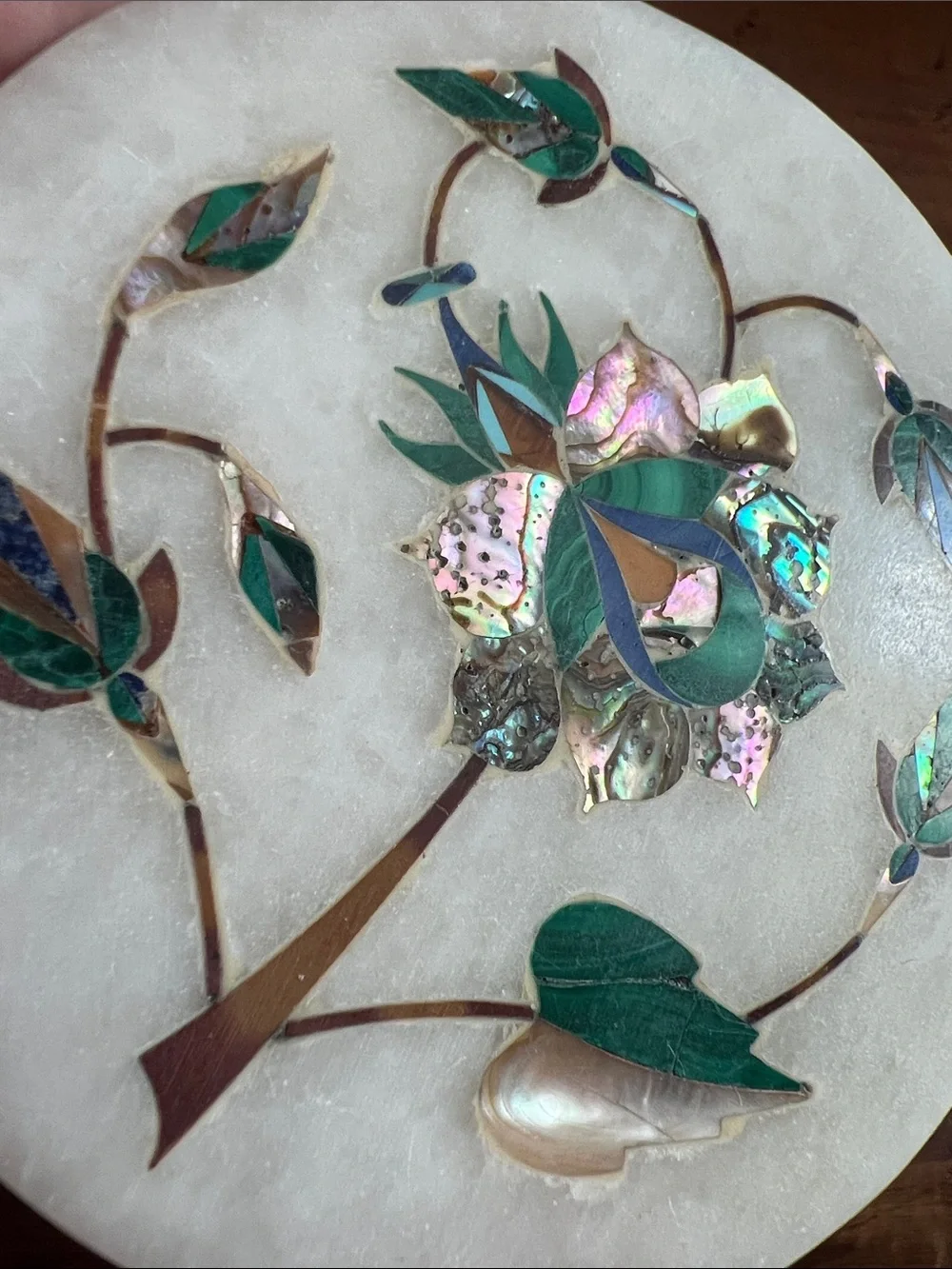 Inlaid Marble Coasters Mother-of-Pearl and Semi Precious Gemstone Floral Design
